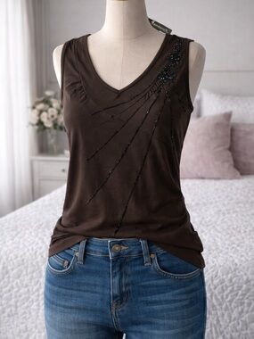 NWT Sandwich Brown Beaded Tank | Sheer Layered Top